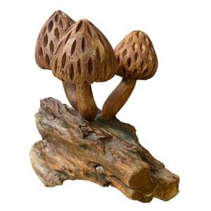 Vintage Handcarved Wooden Morel Mushroom Sculpture